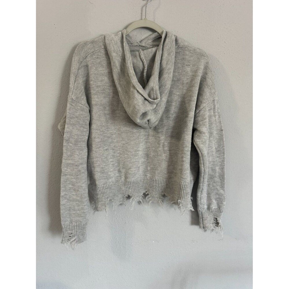 Just Polly NY Teddy Bear Distressed Knit Hoodie Sweater Women’s M Gray Oversized - Picture 4 of 8